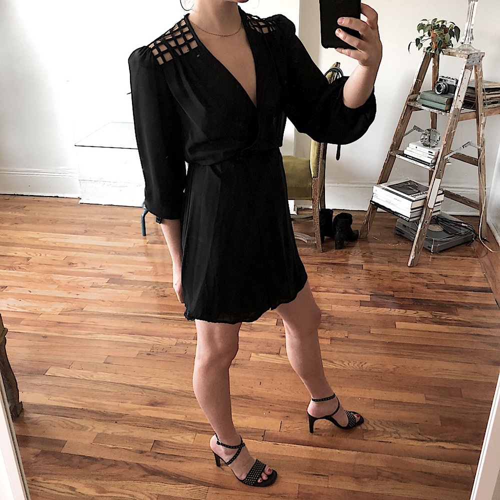 Vintage Black Sheer V-neck Mini Dress w/ Caged Style Lattice Open Back Small + - Picture 11 of 16